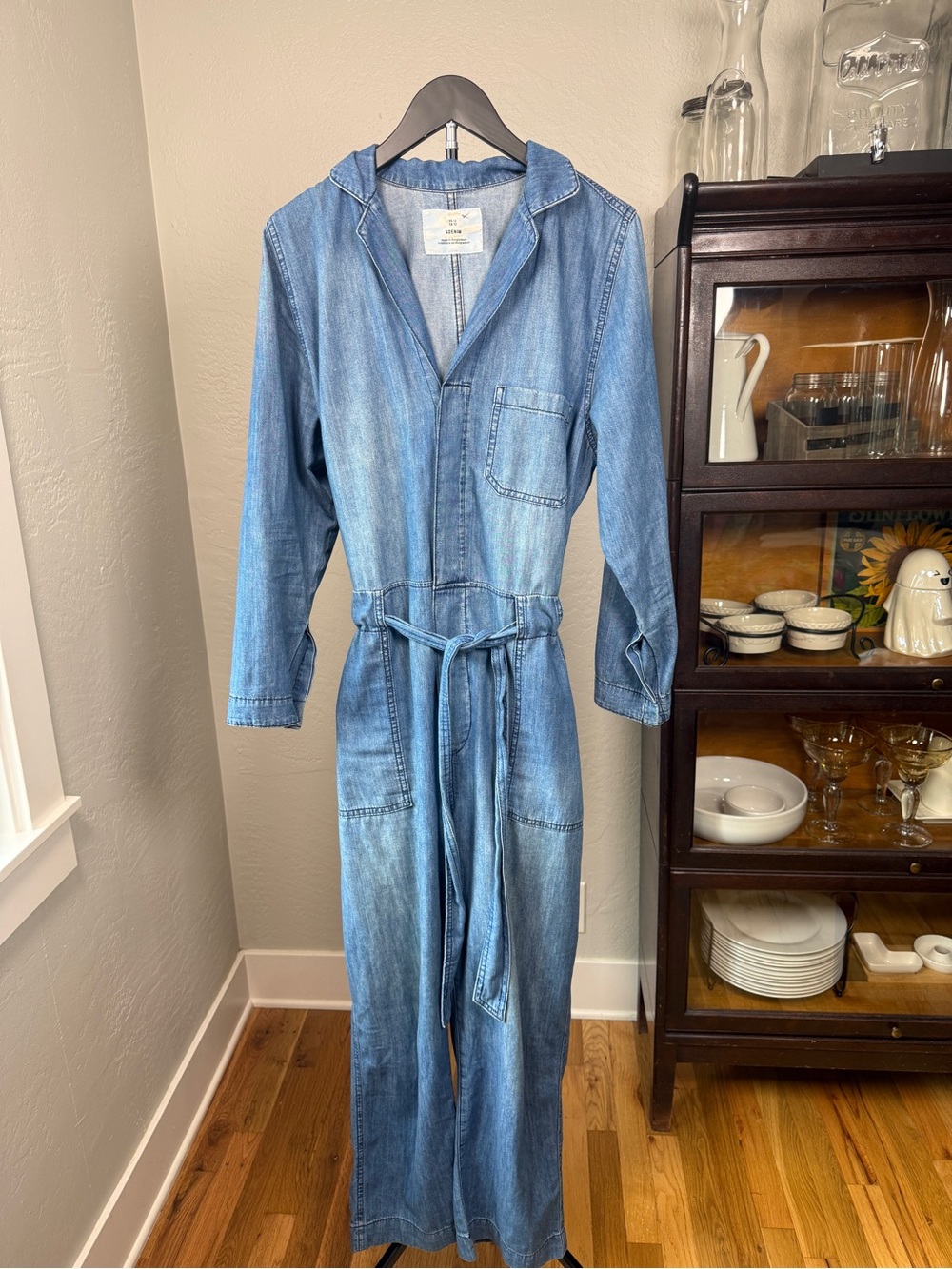 &Denim Chambray Denim Utility Jumpsuit Belted Wide Leg Size 12